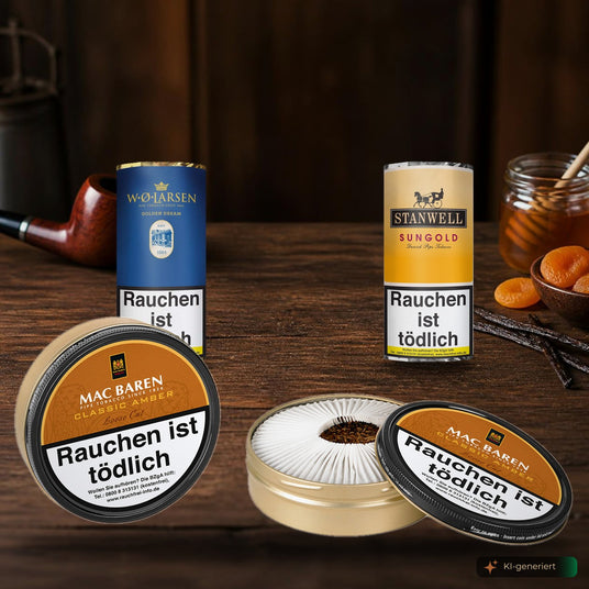 Aromatische Pfeifentabake von W.Ø. Larsen, Stanwell und Mac Baren auf einem Holztisch mit Pfeife, Honig und Vanille