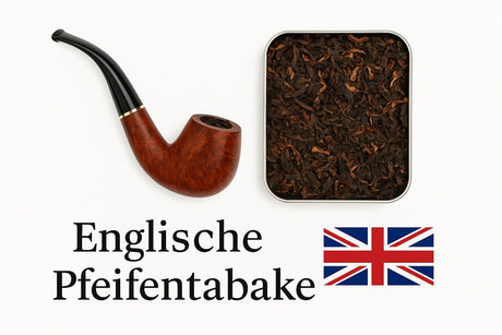Englische Pfeifentabake mit Pfeife, Tabakdose und britischer Flagge auf hellem Hintergrund