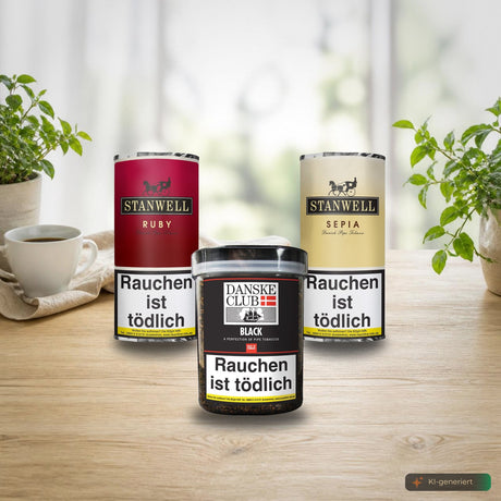 Milde Pfeifentabake von Stanwell und Danske Club auf heller Eiche mit Kaffeetasse und Pflanzen