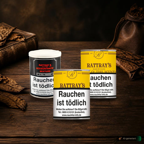 Naturbelassene Pfeifentabake von Rattray's auf einem Holztisch mit Tabakblättern, Buch und Lederbeutel