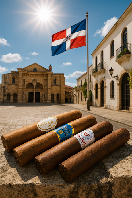Vier dominikanische Zigarren vor kolonialer Kulisse in Santo Domingo mit Flagge der Dominikanischen Republik und Sonne im Hintergrund