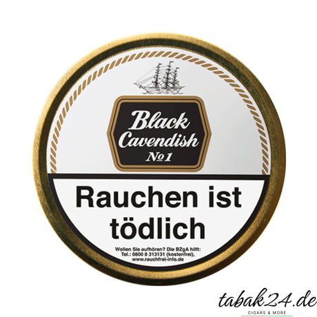 Runde Dose Black Cavendish No. 1 Pfeifentabak mit weißem Etikett und Goldrand