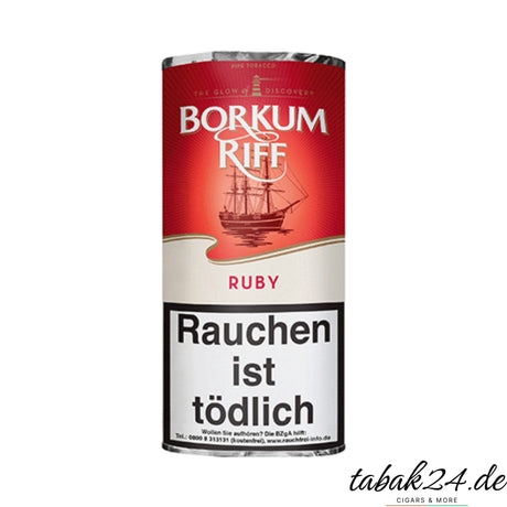 Borkum Riff Ruby Pfeifentabak im roten Pouch mit Kirscharoma und Segelschiff-Motiv
