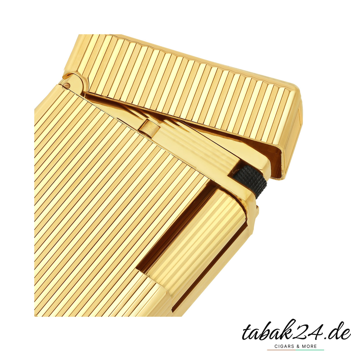 S.T. Dupont Ligne 1 Feuerzeug C14020 Vertical Line Gold – Nahaufnahme Scharnier und Rillenstruktur