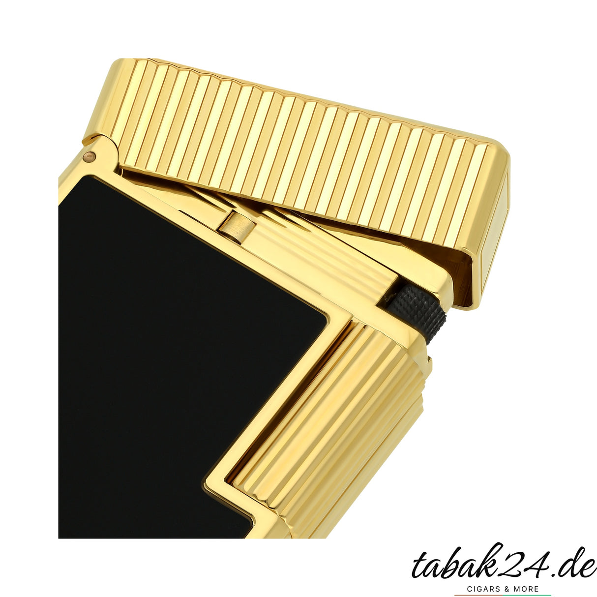 S.T. Dupont Ligne 1 Feuerzeug C14120 Vertical Line Noir Laque Gold – Nahaufnahme Scharnier und Rillenstruktur