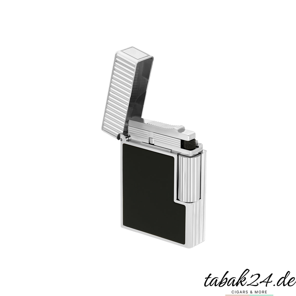 S.T. Dupont Ligne 1 Feuerzeug C14121 Vertical Line Noir Laque Palladium – geöffnet mit sichtbarem Zündmechanismus
