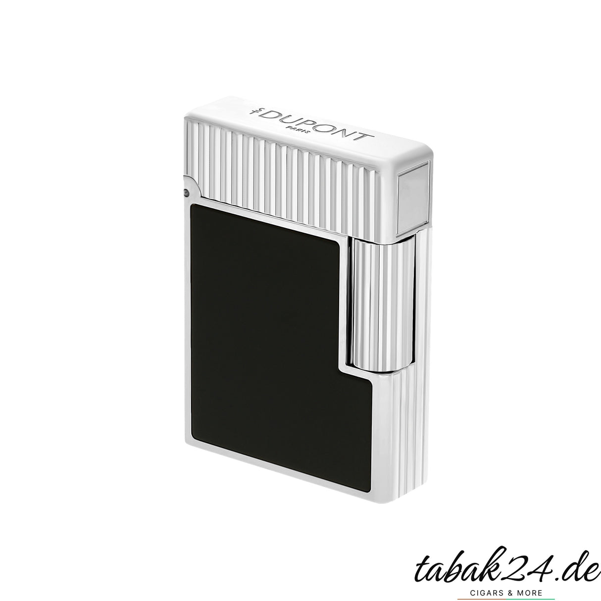 S.T. Dupont Ligne 1 Feuerzeug C14121 Vertical Line Noir Laque Palladium – Schrägansicht mit S.T. Dupont Paris Gravur