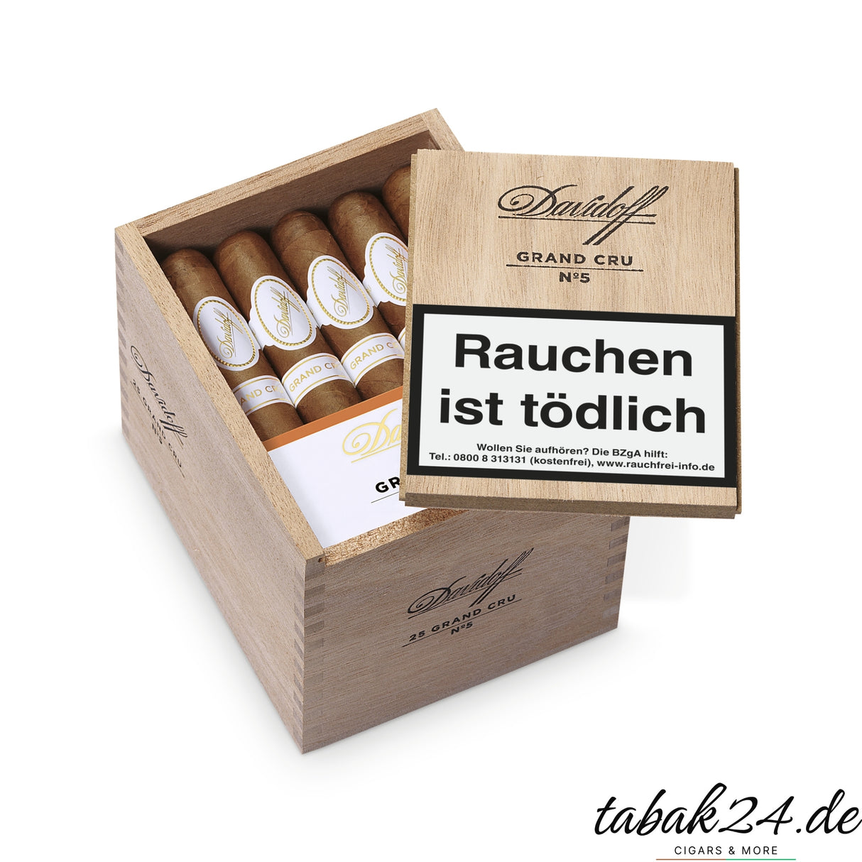 Davidoff Grand Cru No. 5 in geöffneter Holzkiste mit Branding