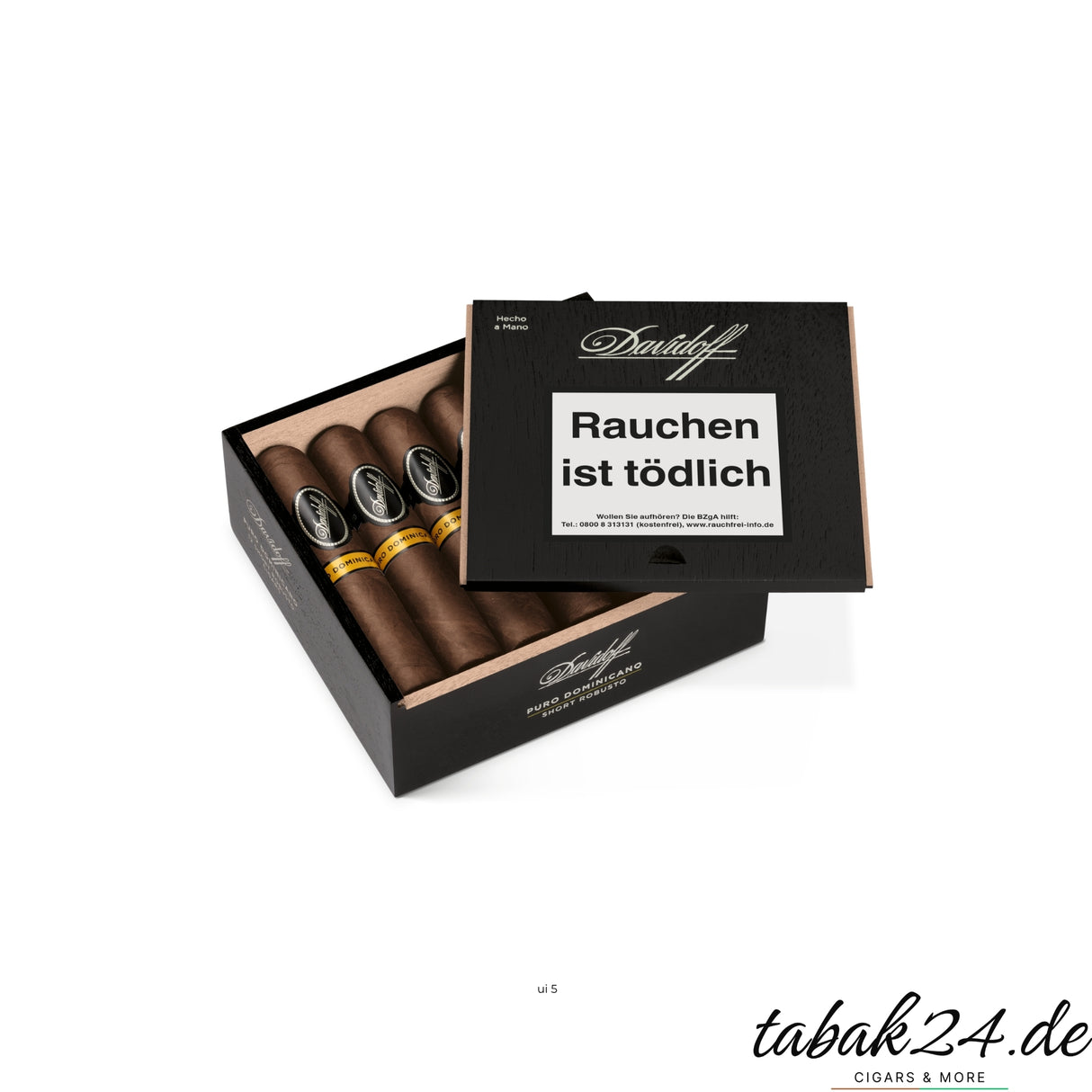 Davidoff Puro Dominicano Short Robusto 12er Holzkiste geöffnet mit zwölf handgerollten Premiumzigarren