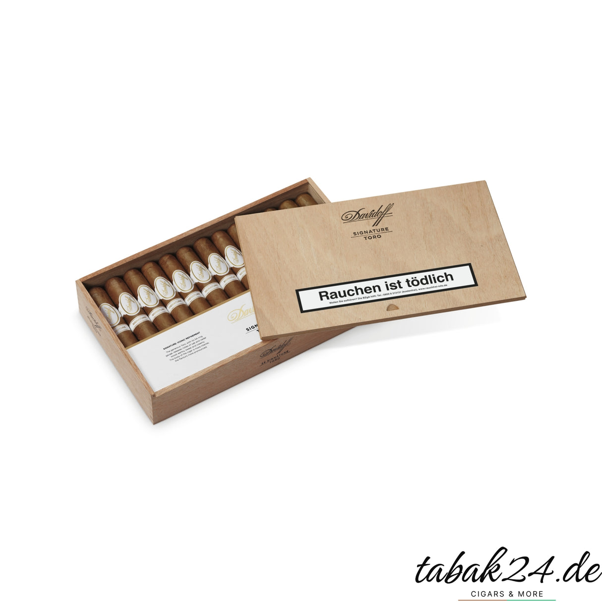 Geöffnete Davidoff Signature Toro Holzkiste mit 25 Zigarren