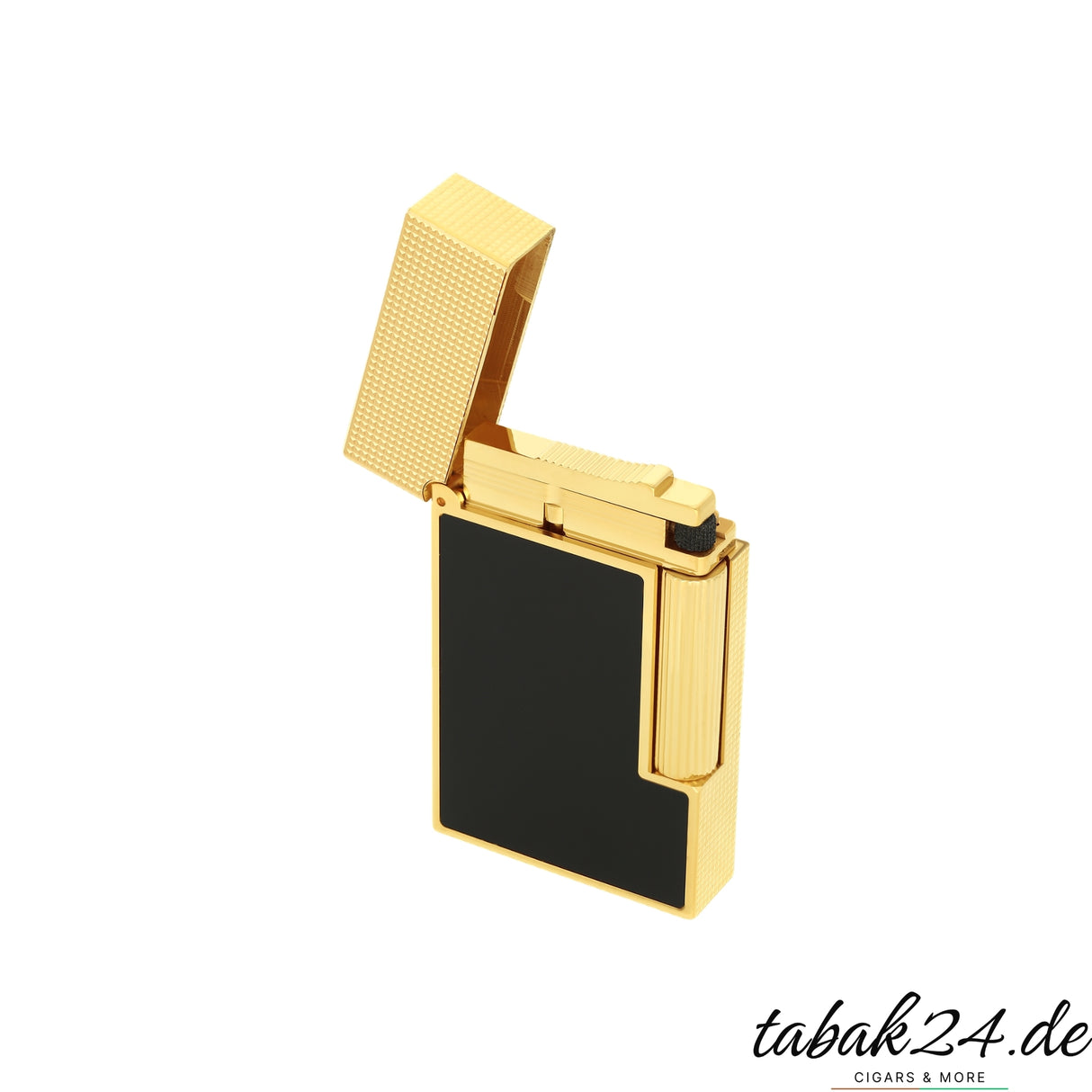S.T. Dupont Ligne 2 Feuerzeug C16601 Noir Mat Gold – geöffnet mit sichtbarem Zündmechanismus