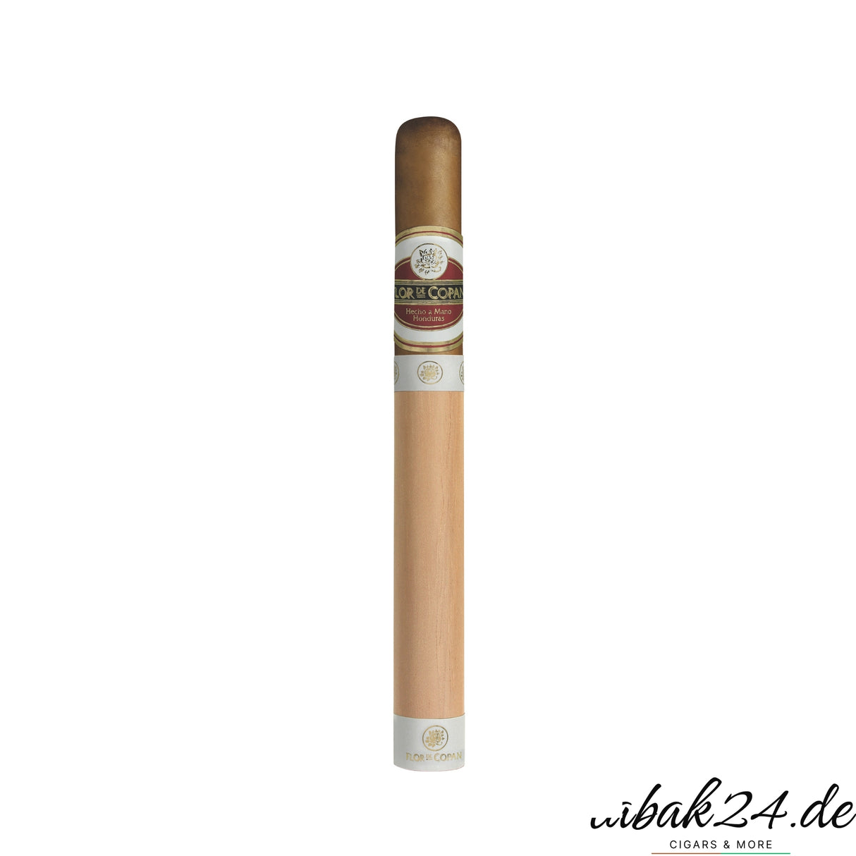 Flor de Copan Churchill Zigarre mit Holzhülle auf weißem Hintergrund