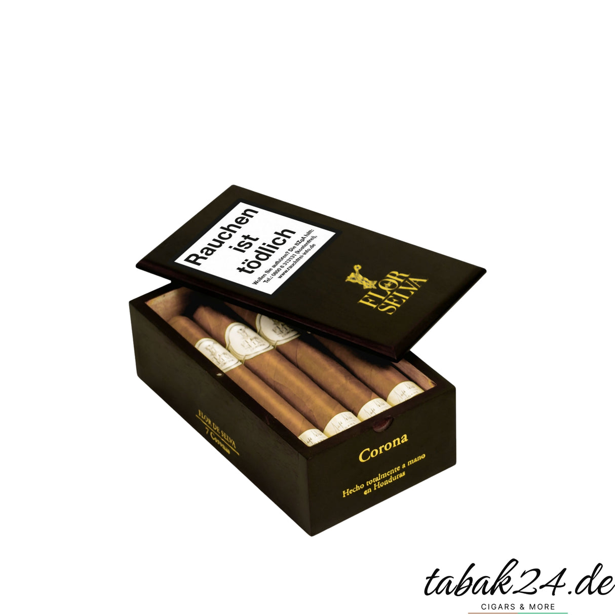 Flor de Selva Corona Kiste mit 7 Zigarren, geöffneter Deckel, seitliche Ansicht