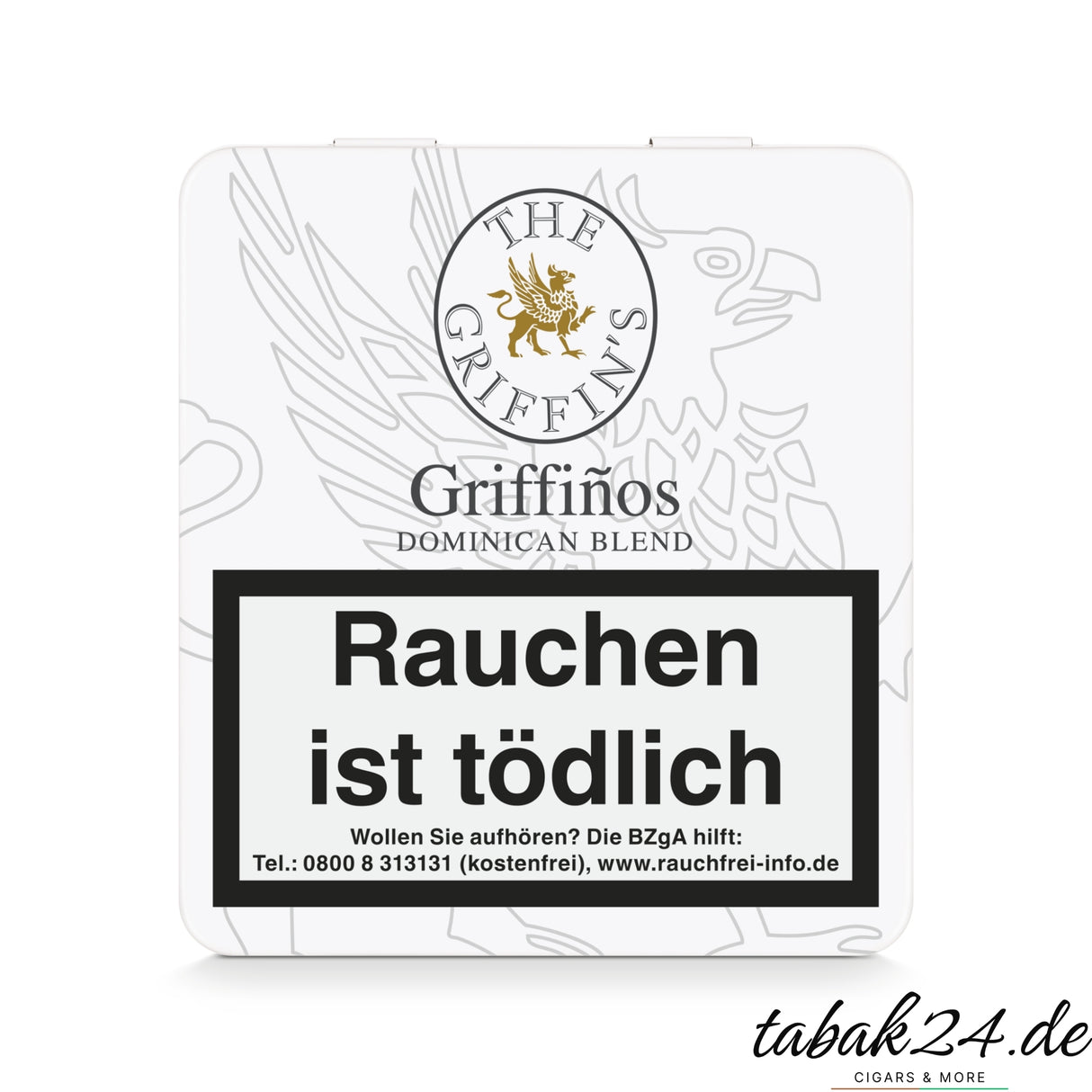 The Griffin’s Griffiños geschlossene weiße Metallbox mit Logo und Warnhinweis