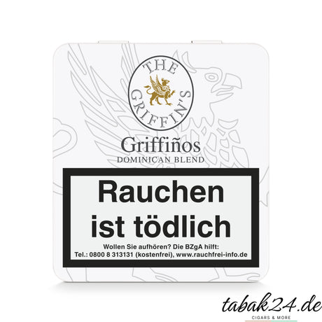 The Griffin’s Griffiños geschlossene weiße Metallbox mit Logo und Warnhinweis