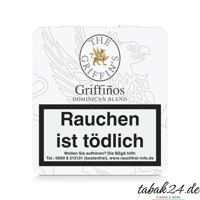The Griffin’s Griffiños geschlossene weiße Metallbox mit Logo und Warnhinweis