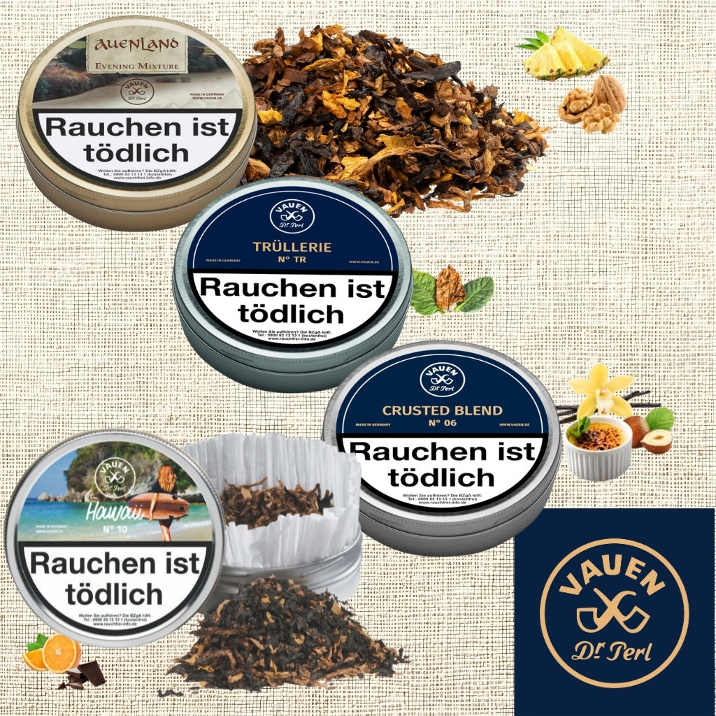 VAUEN Pfeifentabak Kollektion mit Crusted Blend, Trüllerie, Hawaii und Auenland