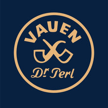 VAUEN Logo mit zwei Pfeifen im Kreis auf dunkelblauem Hintergrund