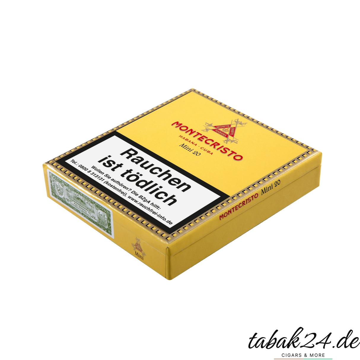 Montecristo Mini 20 – cubanische Cigarillos mit würzigen & holzigen Aromen. Perfekt für kurze Genussmomente. Liegende perspektive.