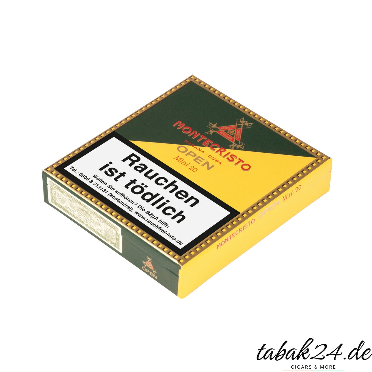 Montecristo Open Mini 20 – milde kubanische Zigarillos mit feinen Holz- und Nussaromen, liegende Perspektive.