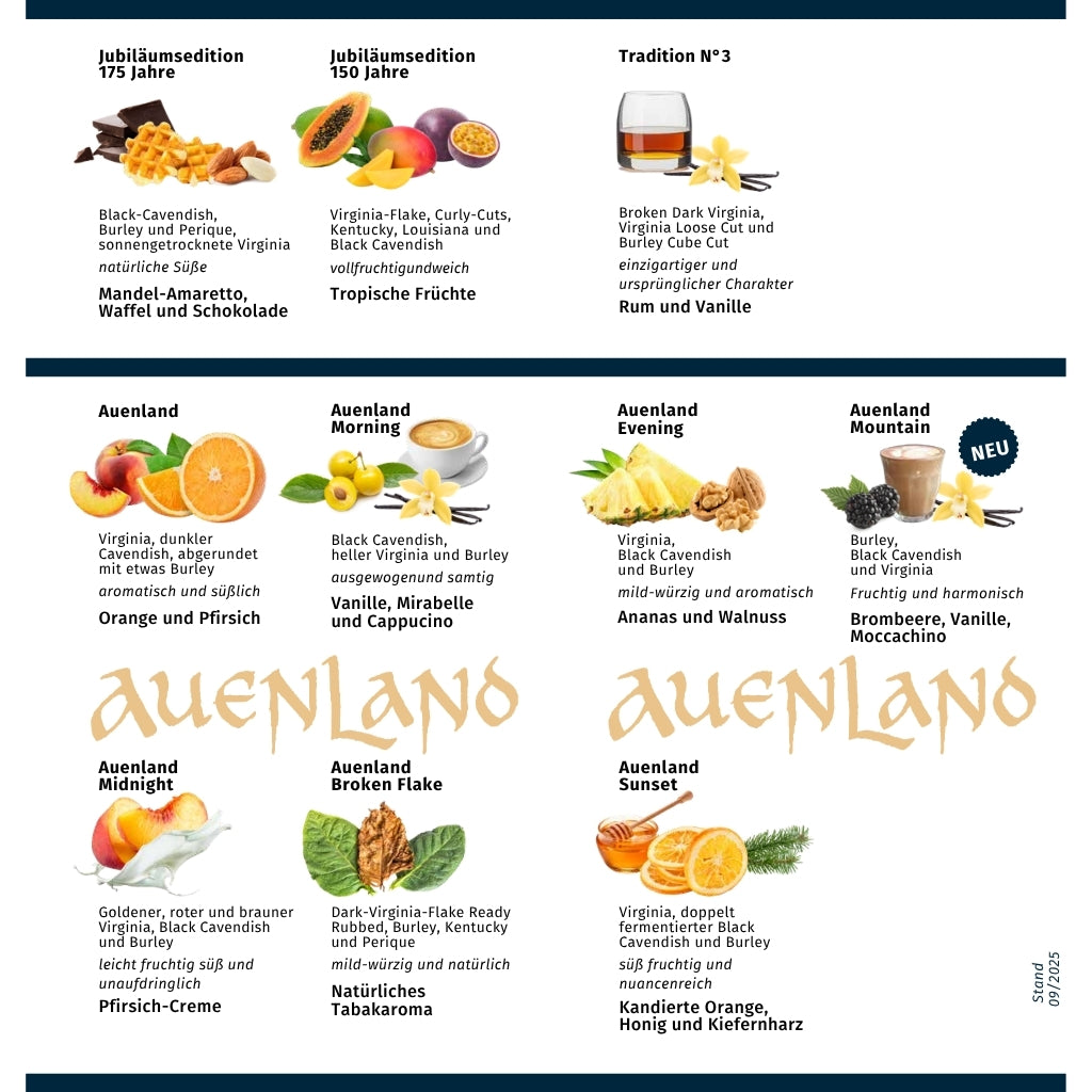 VAUEN Tabakübersicht mit Jubiläumsedition und Auenland Pfeifentabaken