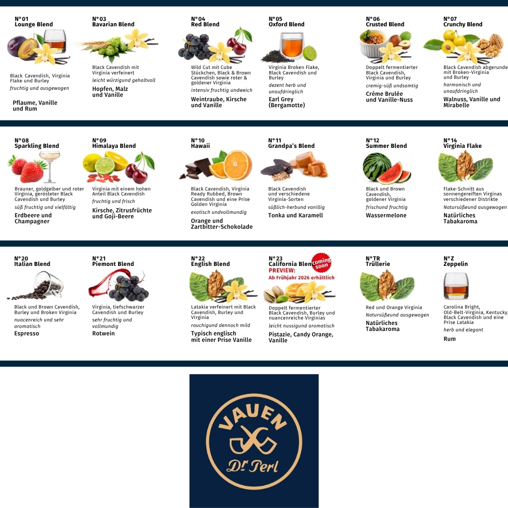 VAUEN Pfeifentabak Sortiment mit Logo und Genusswelt der Tabake