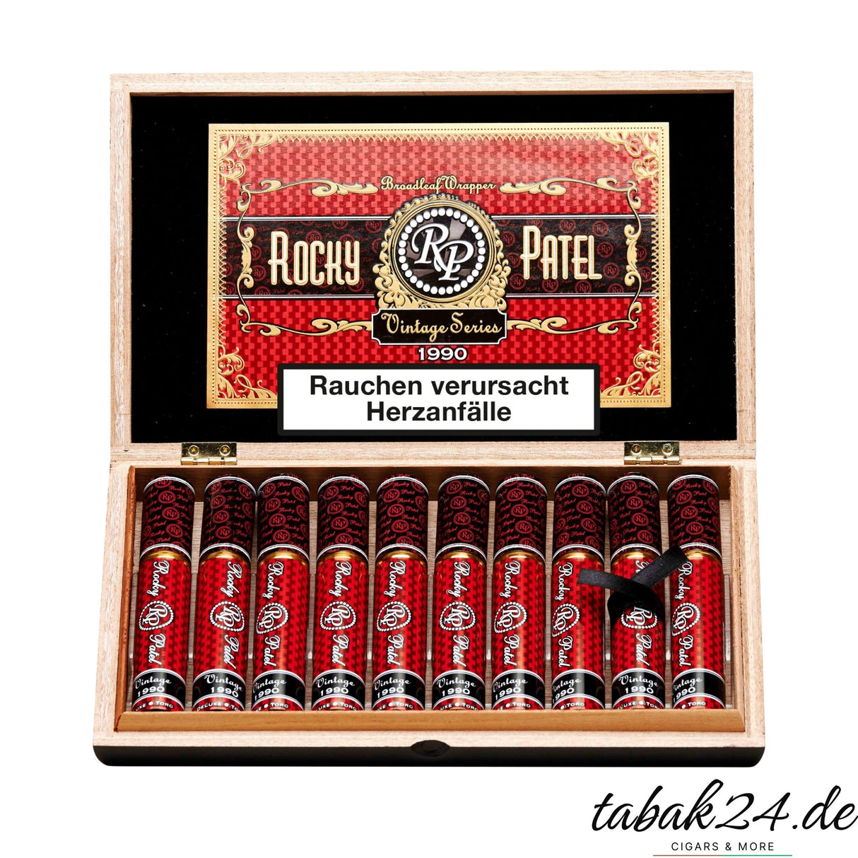 Geöffnete Holzkiste mit zehn Rocky Patel Vintage 1990 Toro Zigarren in Aluminiumtuben