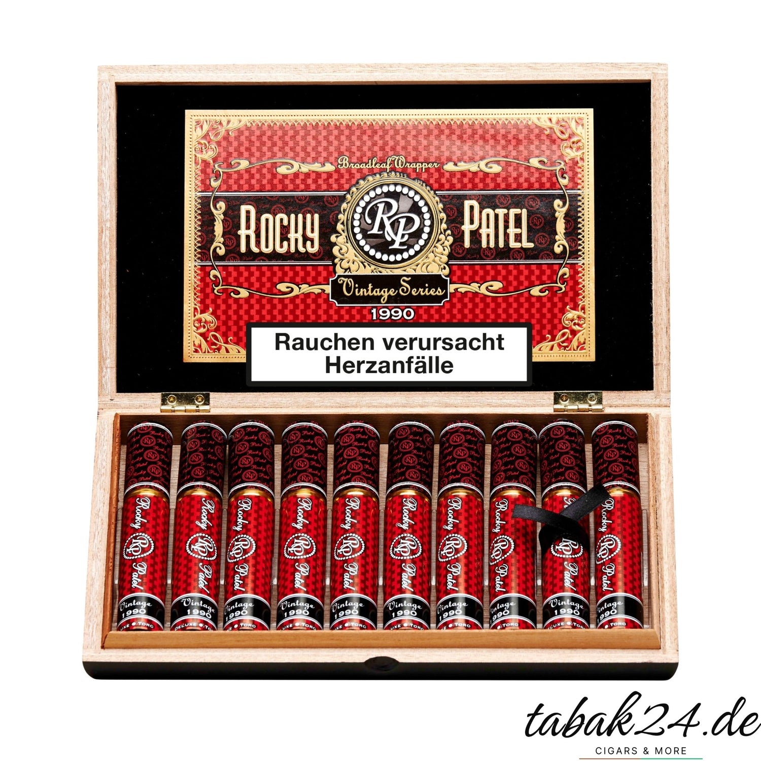 Geöffnete Holzkiste mit zehn Rocky Patel Vintage 1990 Toro Zigarren in Aluminiumtuben
