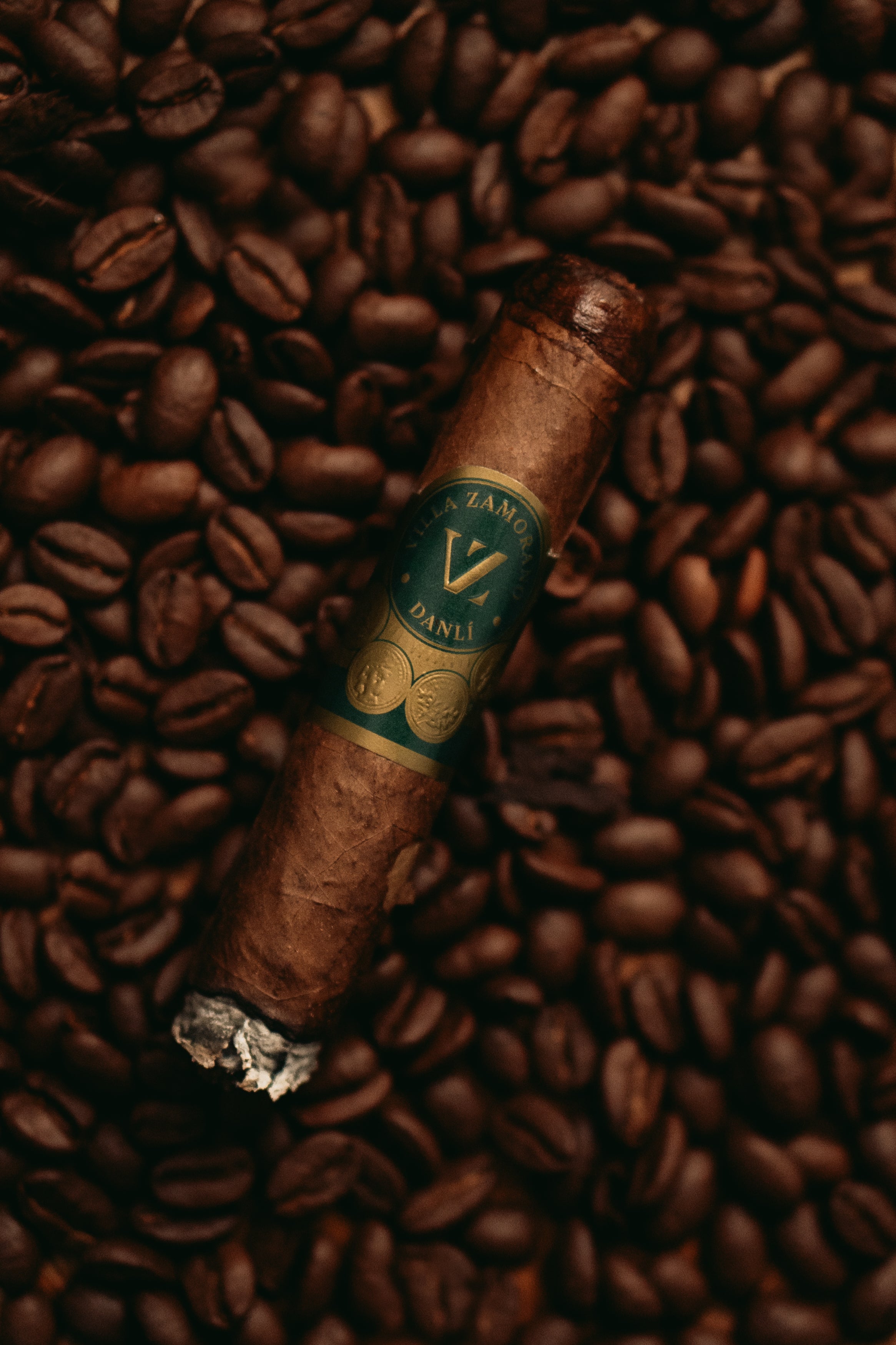 Villa Zamorano Danlí Robusto auf Kaffeebohnen mit glimmender Spitze