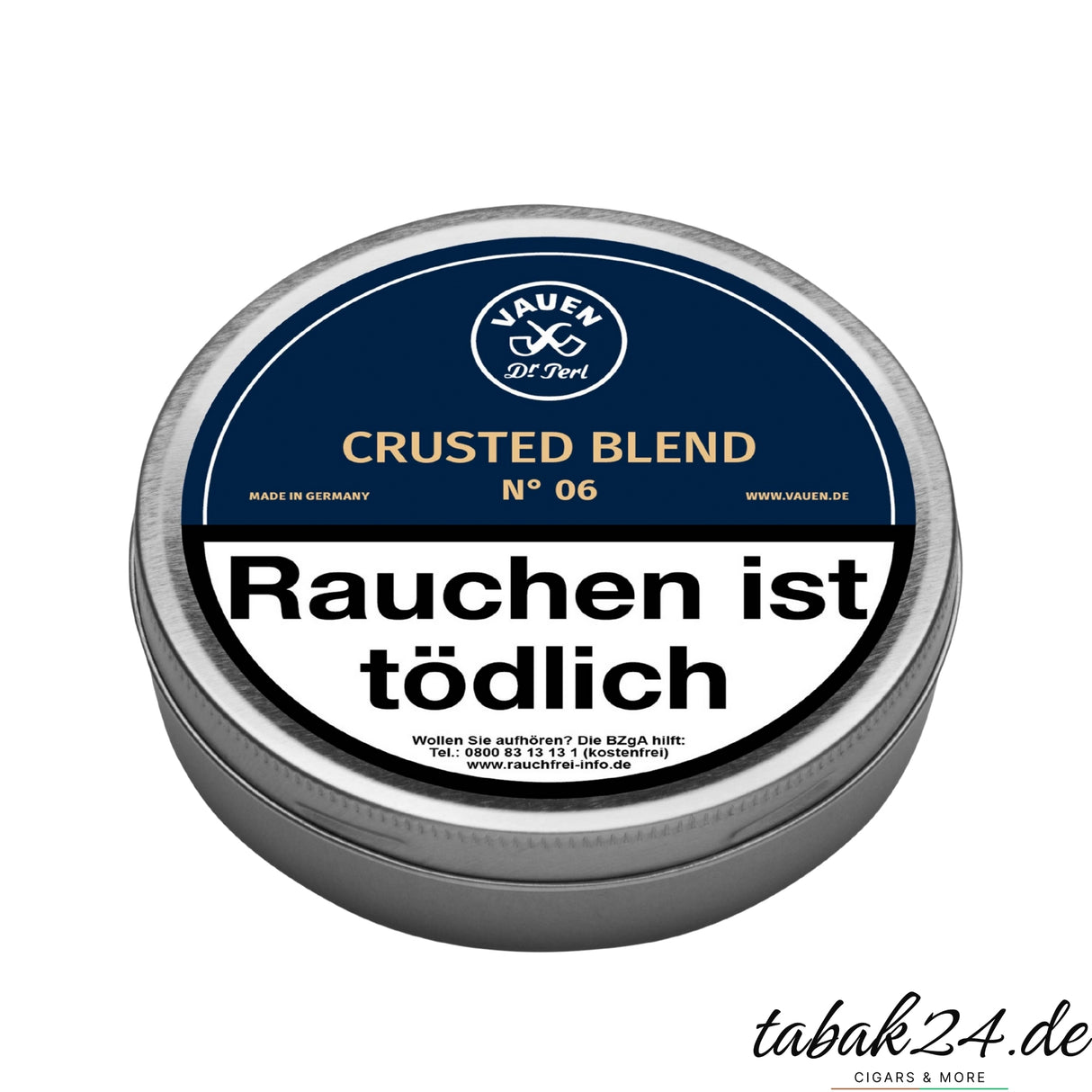 Geschlossene VAUEN Crusted Blend No. 6 Tabakdose auf weißem Hintergrund