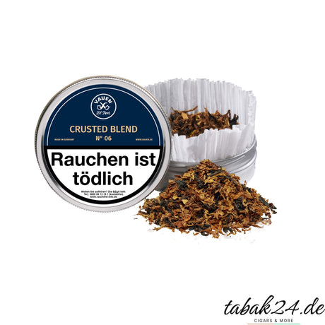 VAUEN Crusted Blend No. 6 Dose mit geöffnetem Inhalt und Tabakmischung davor