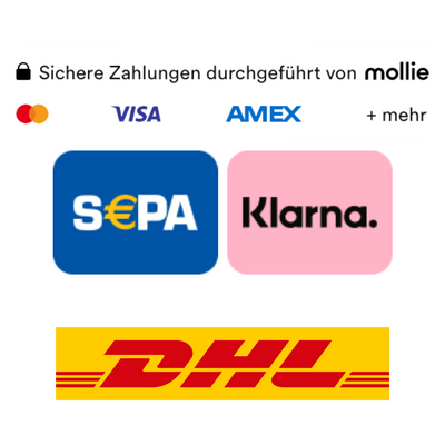 Sichere Zahlungen und Versand: Klarna, SEPA, Visa, Mastercard, Amex, DHL via Mollie