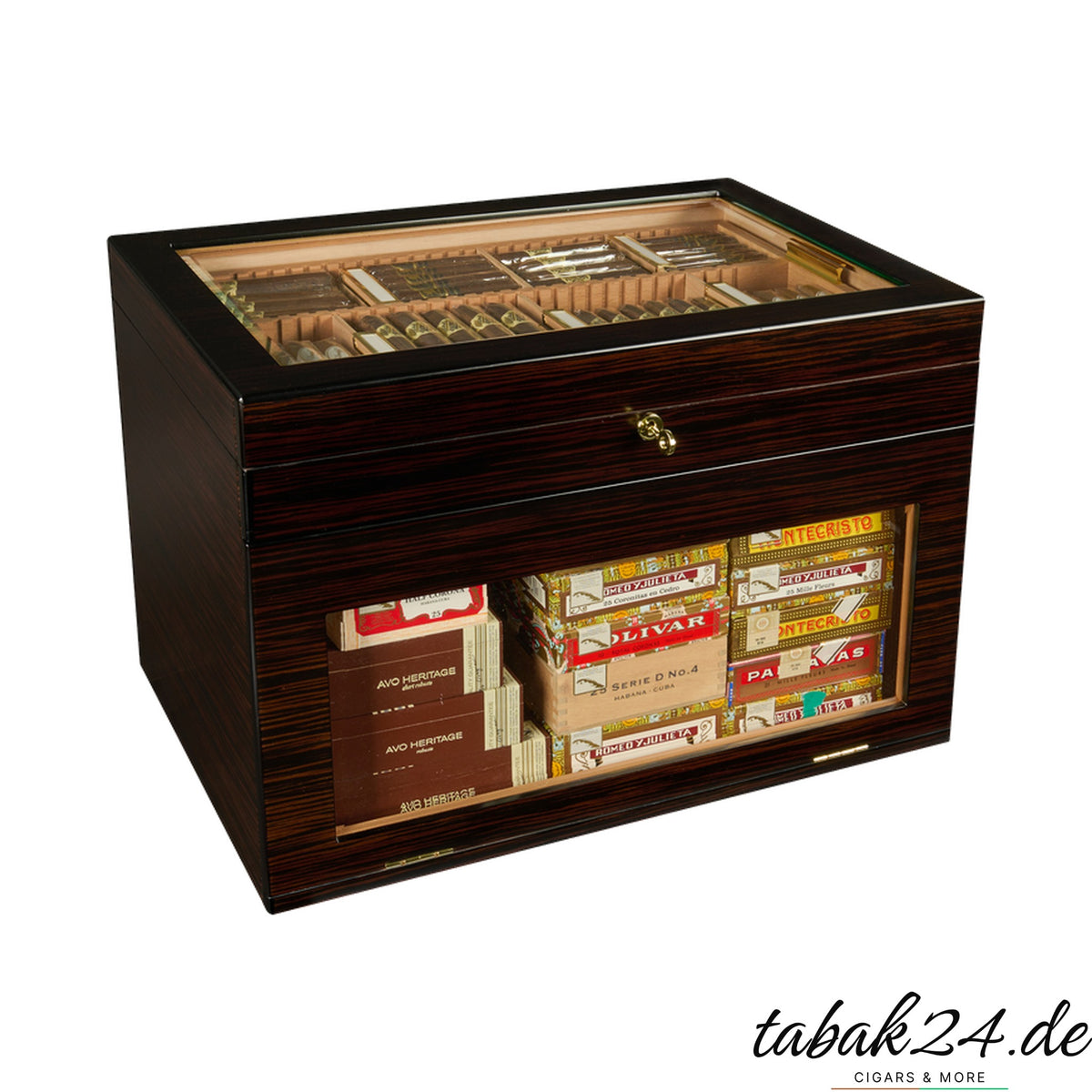 Adorini Portico Deluxe Humidor Ebony, braune Holzmaserung mit Glasdeckel und Glasfront
