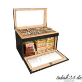Adorini Portico Deluxe Humidor schwarz, geöffnet mit Tray und Zigarrenkisten