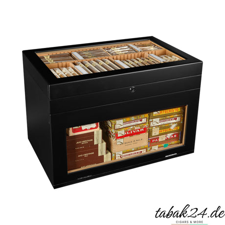 Adorini Portico Deluxe Humidor schwarz, Vorderansicht mit Glasdeckel und Glasfront