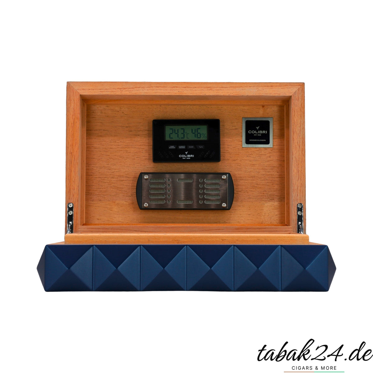 Colibri Desktop Humidor Quasar blau, geöffnet mit Hygrometer und Befeuchter