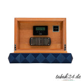 Colibri Desktop Humidor Quasar blau, geöffnet mit Hygrometer und Befeuchter