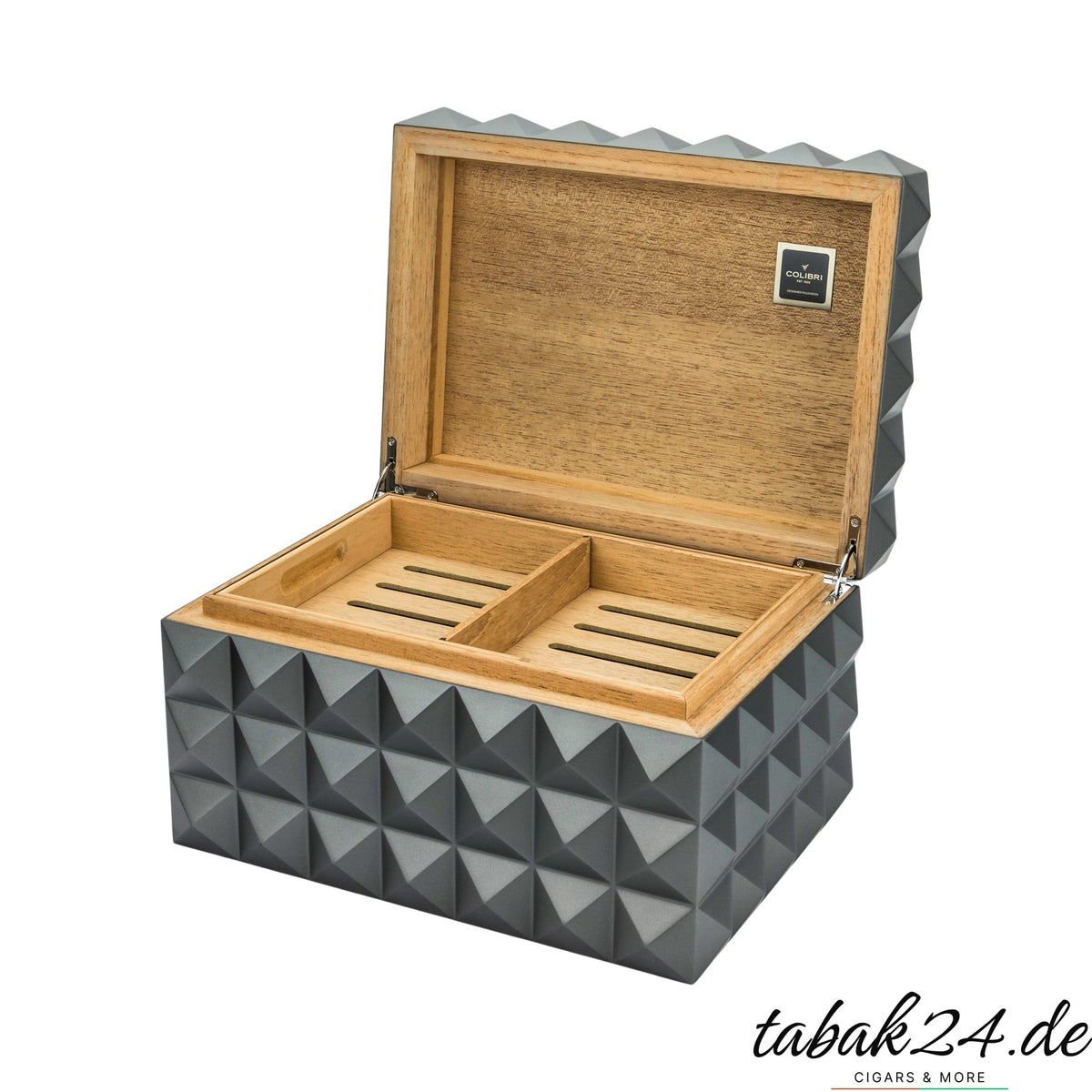 Colibri Humidor Grand Quasar grau, geöffnet mit Tablett
