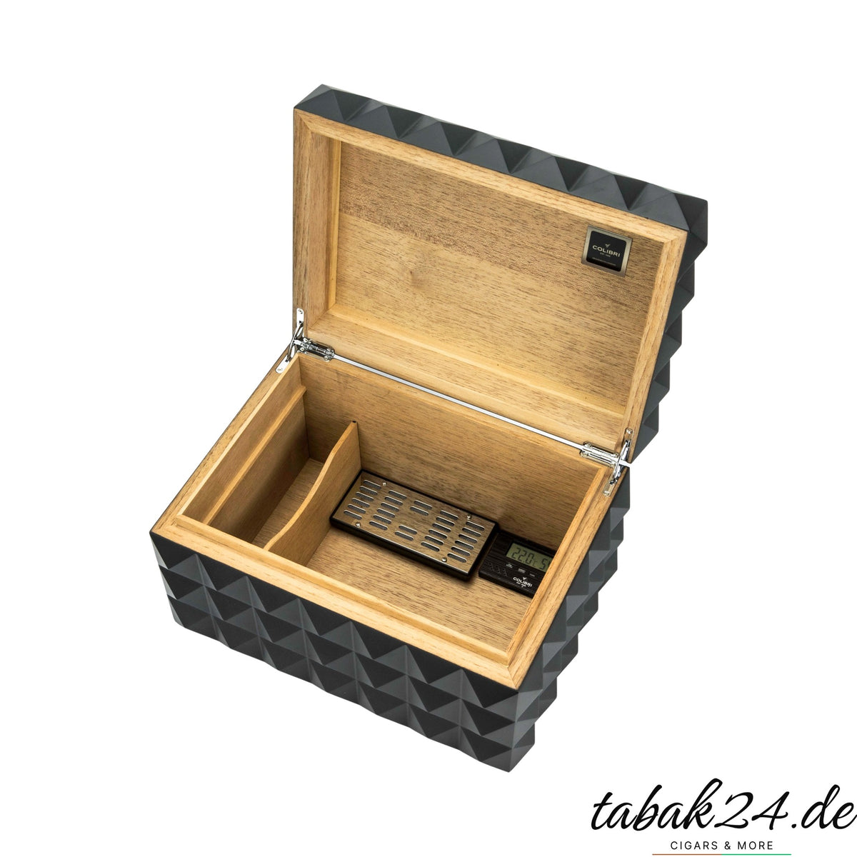 Colibri Humidor Grand Quasar schwarz, geöffnet mit Hygrometer, Seitenansicht