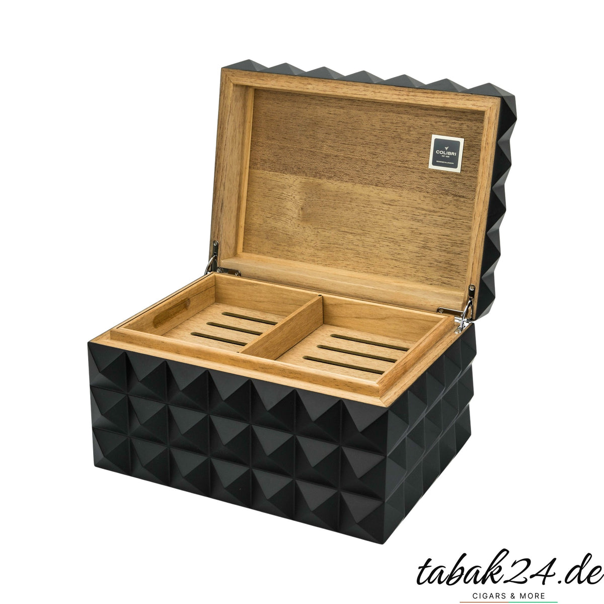 Colibri Humidor Grand Quasar schwarz, geöffnet mit Tablett