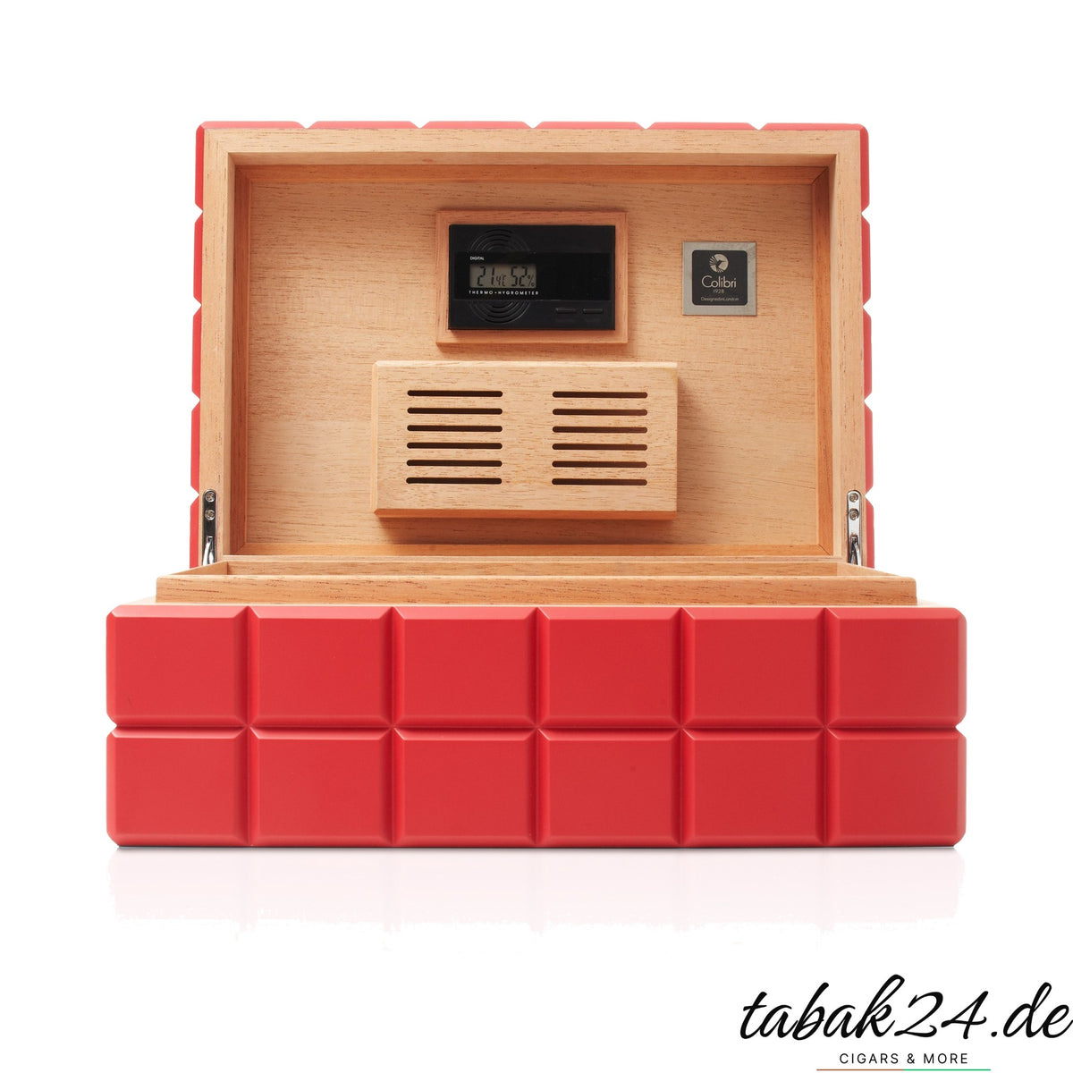 Colibri Humidor Heritage rot, geöffnet mit Hygrometer