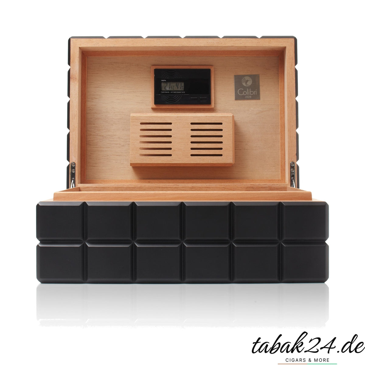 Colibri Humidor Heritage schwarz, geöffnet mit Hygrometer