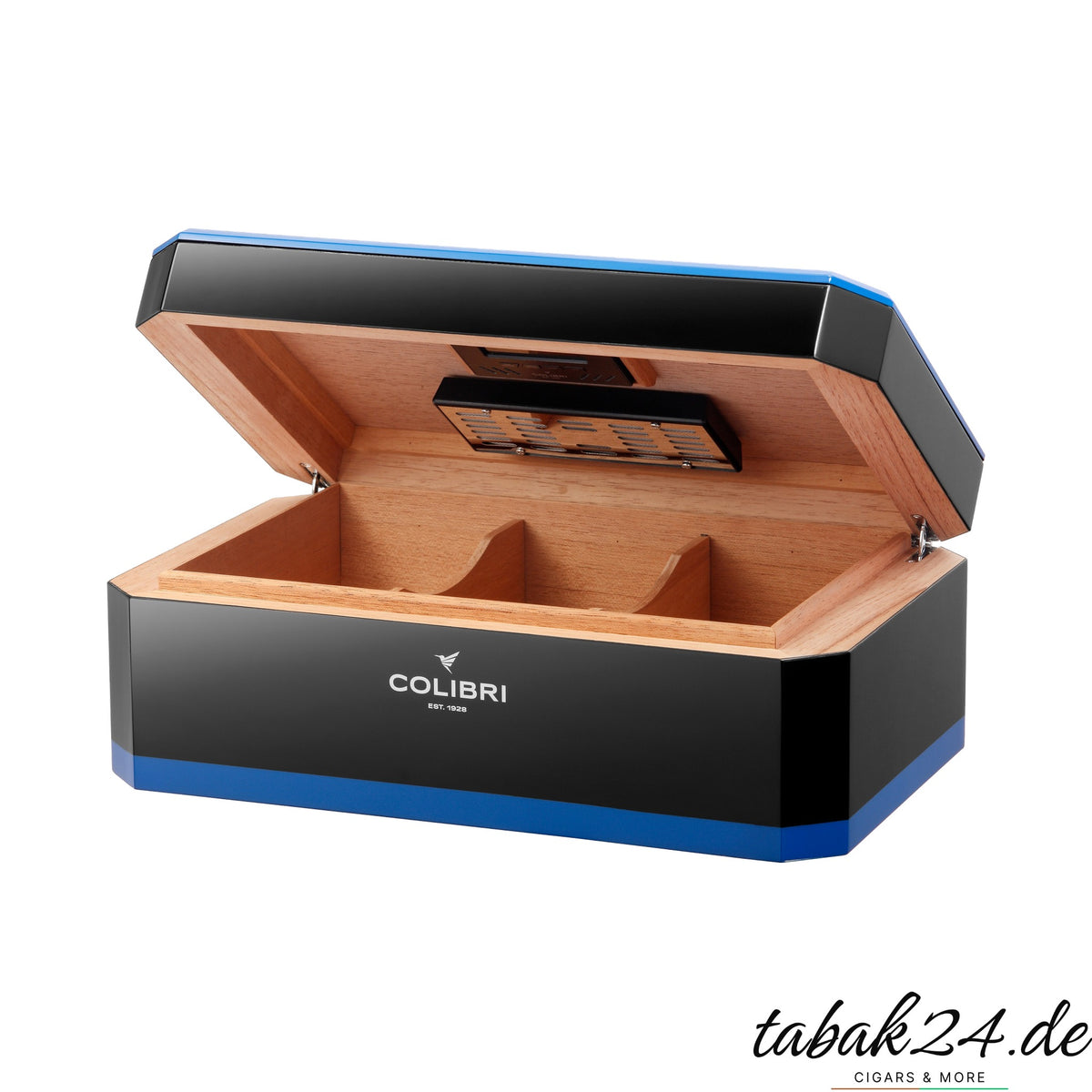 Colibri Humidor Rally schwarz/blau, geöffnet mit Zedernholz