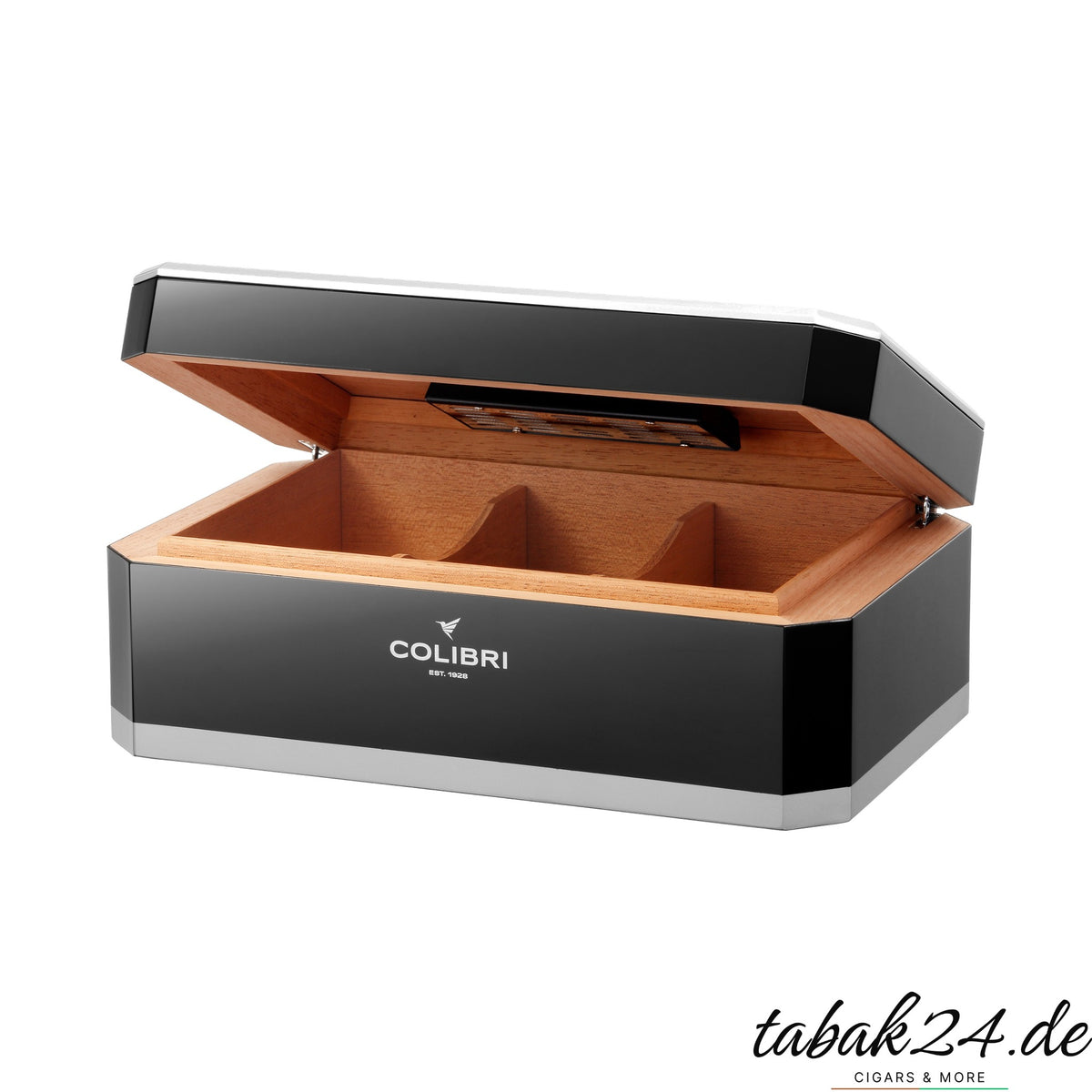 Colibri Humidor Rally schwarz/silber, geöffnet mit Zedernholz
