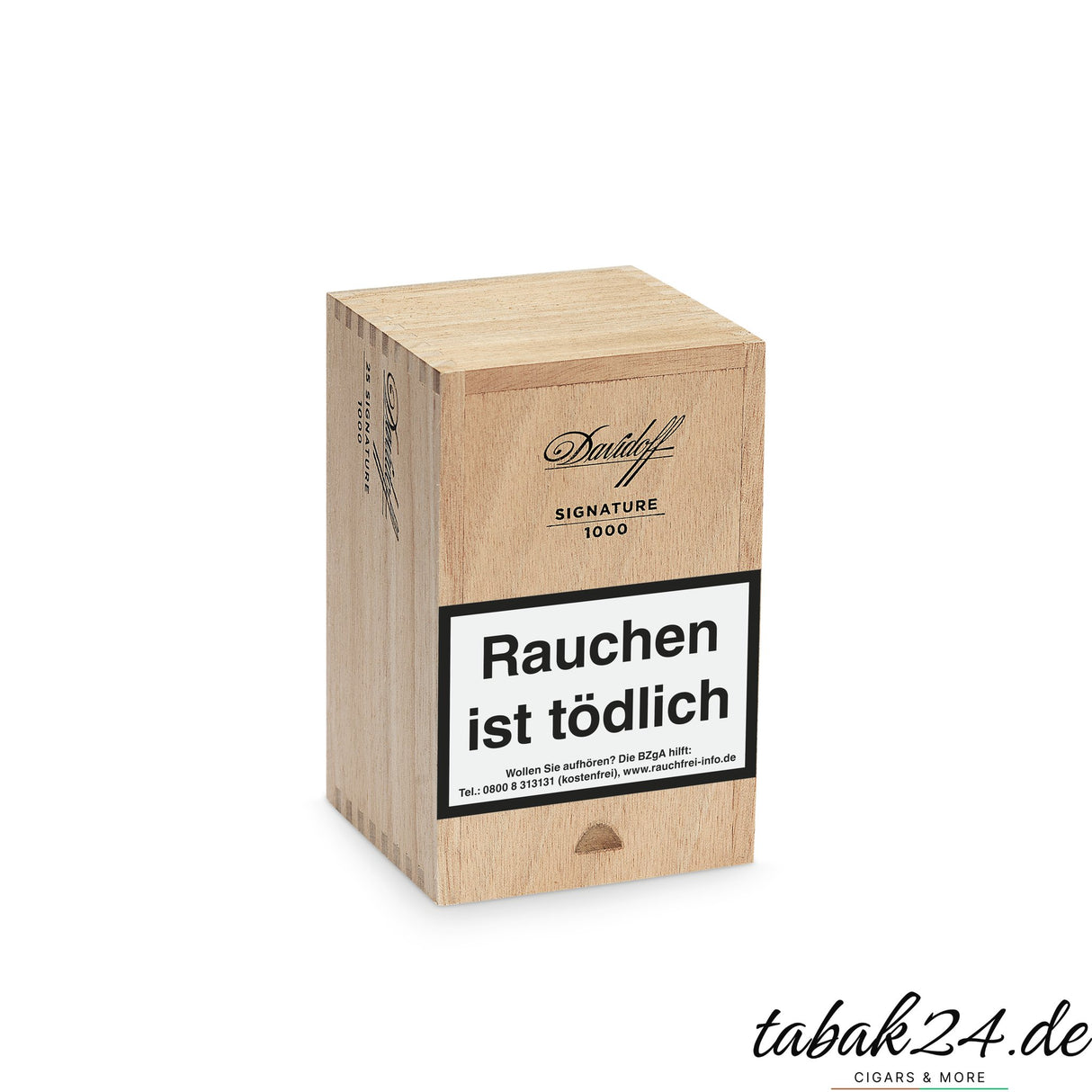 Geschlossene Holzkiste Davidoff Signature 1000 mit Branding und Warnhinweis
