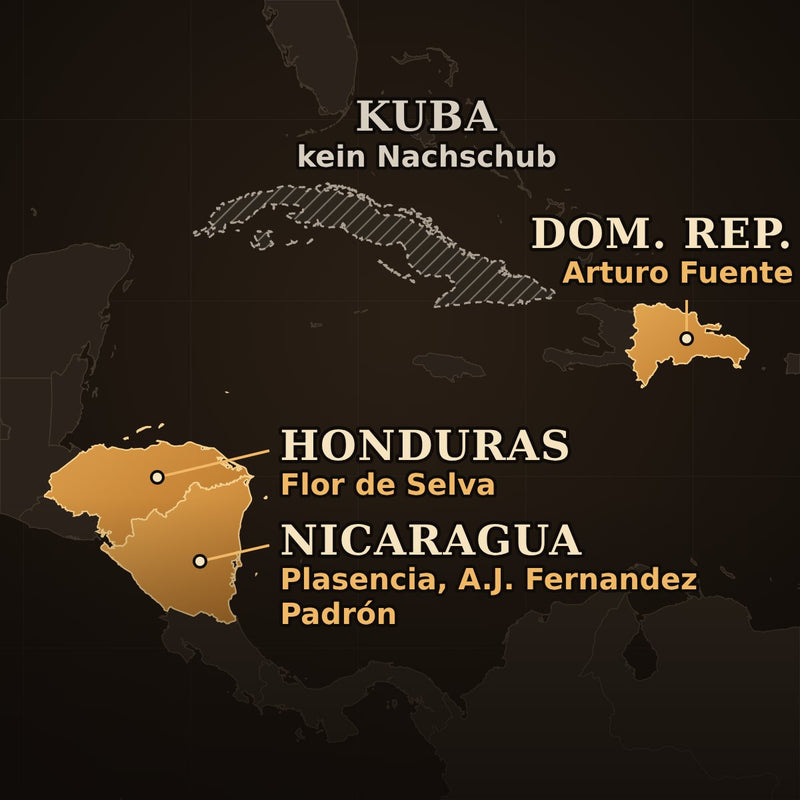 Karte der Karibik und Mittelamerikas: Kuba schraffiert, kein Nachschub; Honduras, Nicaragua und die Dominikanische Republik mit den Marken unserer Alternativen