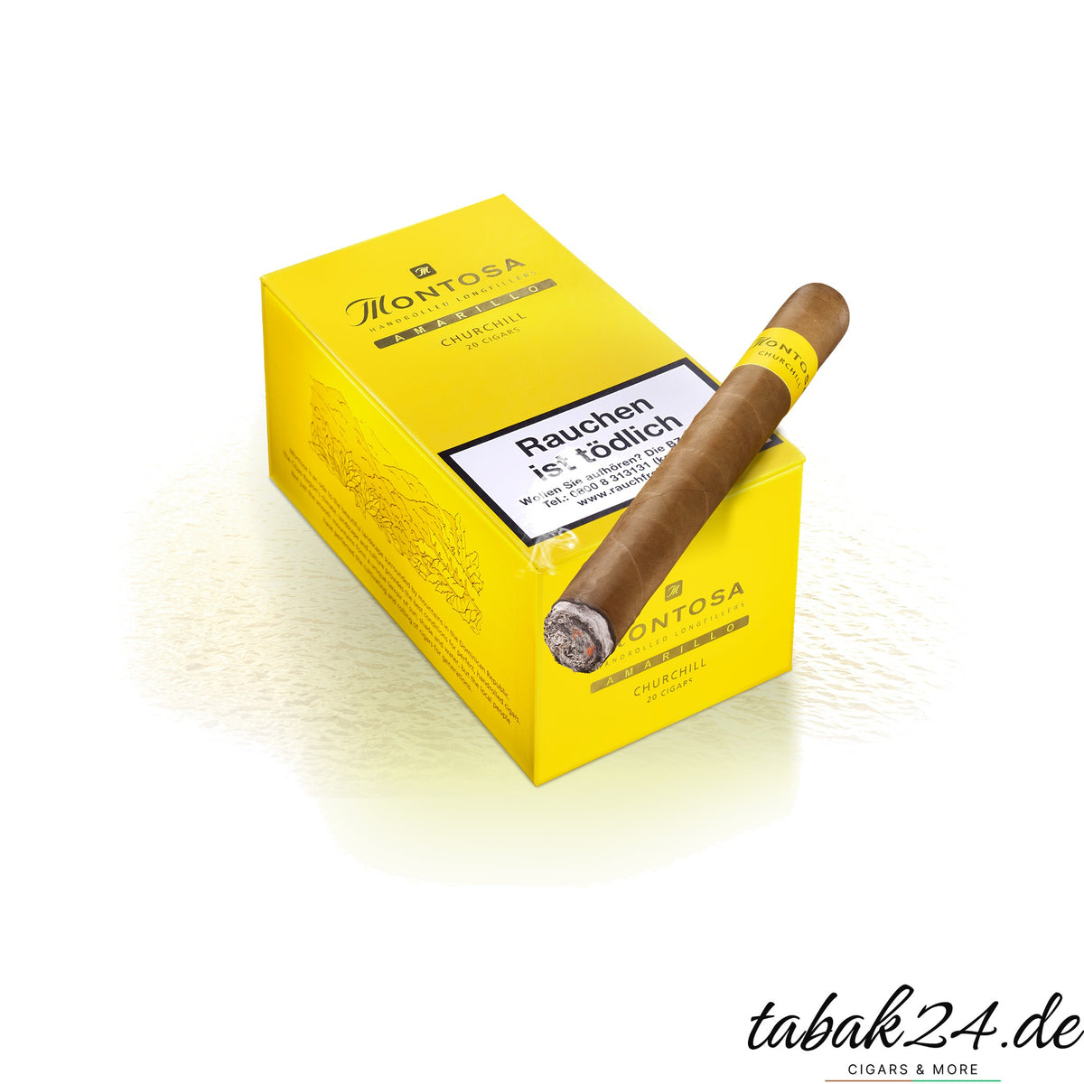 Montosa Amarillo Churchill – Zigarrenkiste mit aufgelegter Zigarre