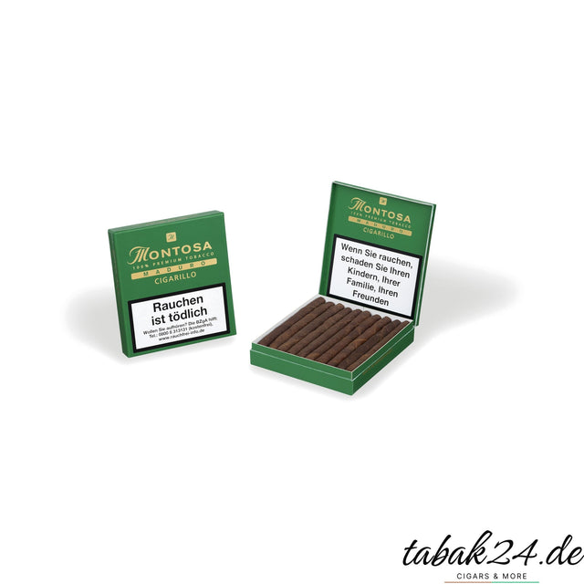 Montosa Maduro Cigarillo Packung geschlossen und geöffnet mit sichtbaren Zigarillos