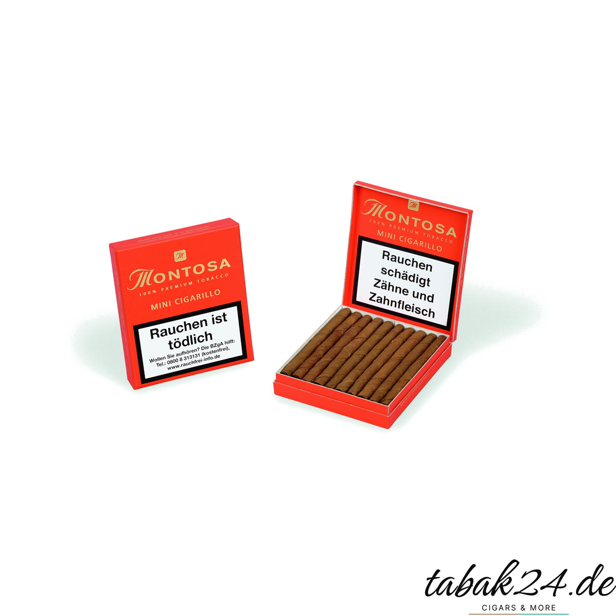 Montosa Mini Cigarillo Packung geschlossen und geöffnet mit sichtbaren Zigarillos