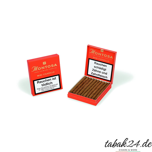 Montosa Mini Cigarillo Packung geschlossen und geöffnet mit sichtbaren Zigarillos